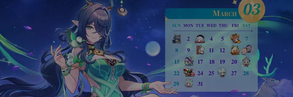 Genshin Impact Lanza los Fondos de Pantalla del Calendario de Marzo de 2026 con un Evento de Sorteo de Protogemas